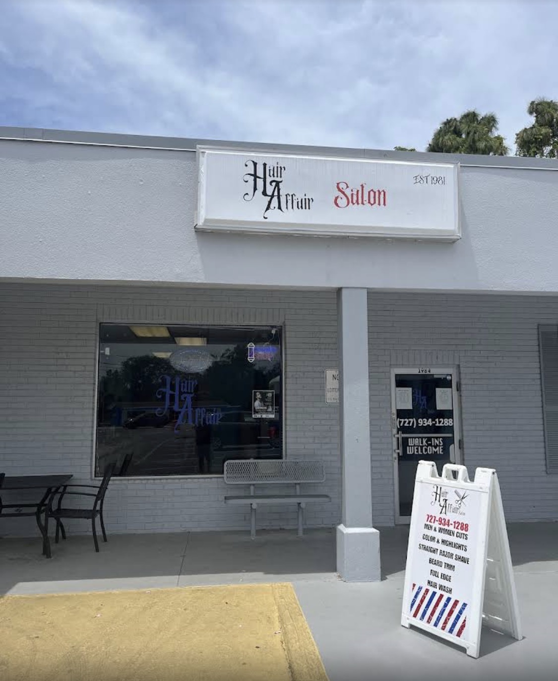 Hair Affair barbershop and salon exterior in Tarpon Springs, FL
